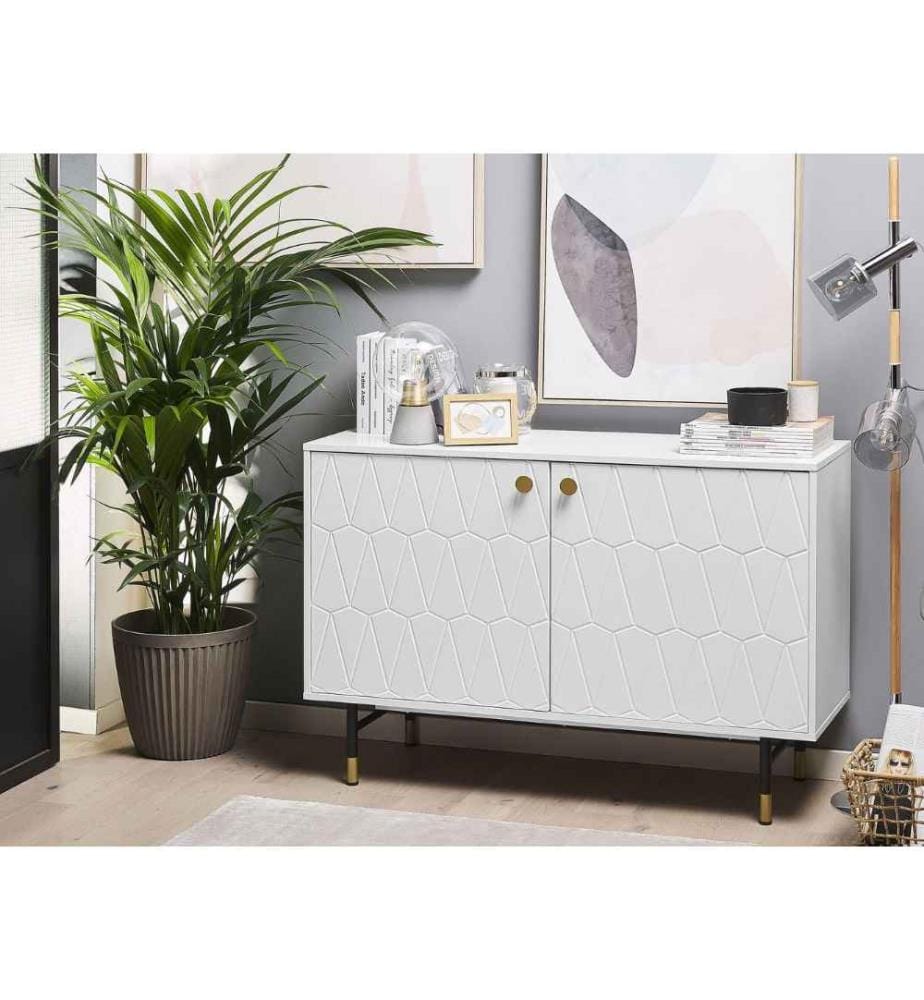 Commode au Design Moderne fabriqué en Panneau à Particule Blanc avec une Touche en Métal Doré composé de 2 Portes et de 4 Compartiments