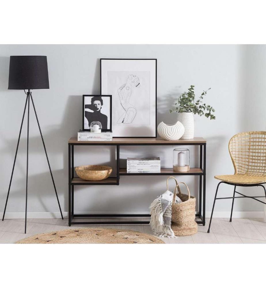 Table Console en Métal Noir et Plateau Imitation Bois Foncé avec 2 Étagères pour Couloir ou Hall au Style Industriel Urbain