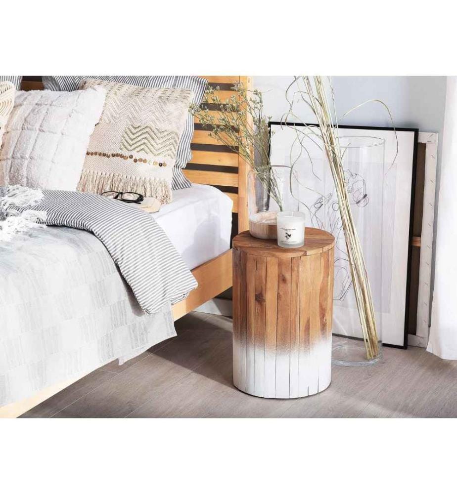 Table de Chevet en Forme de Cylindre entièrement en Bois de Teck avec Base peint en Blanc pour Chambre Rustique et Moderne