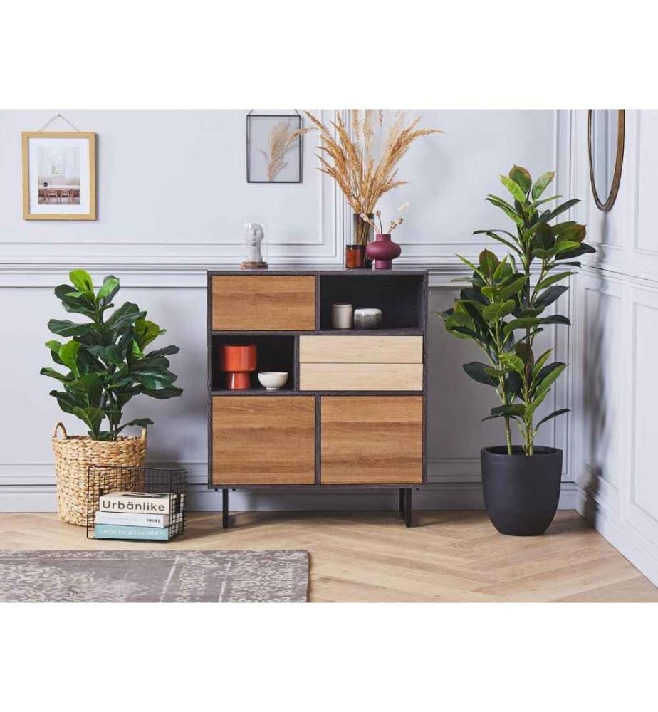 Haute Commode Buffet Effet Bois Foncé avec Pieds en Métal et 2 Tiroirs Solution Rangement Spacieux pour Chambre ou Salon Industriel et Moderne
