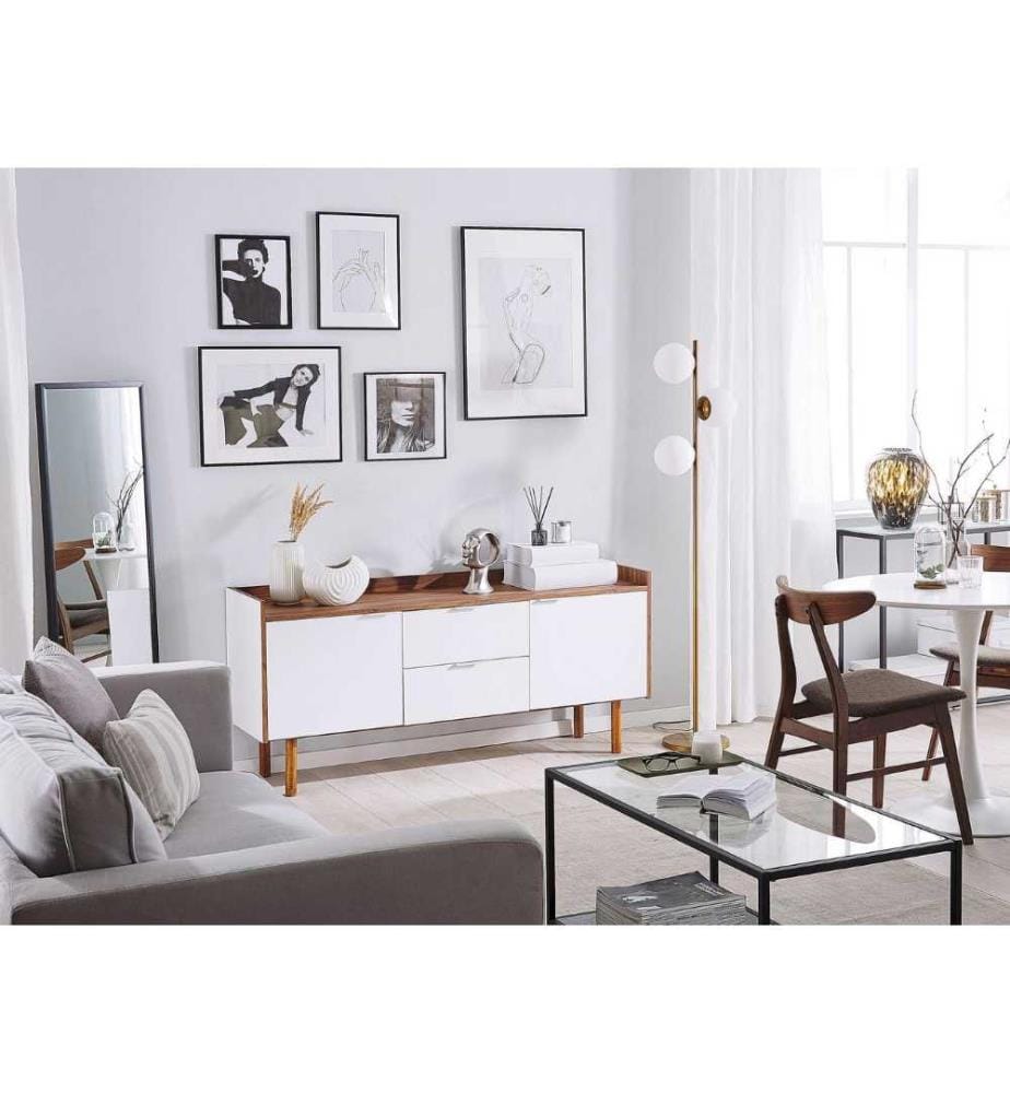 Commode Meuble TV Blanche et Bois Foncé avec 2 Tiroirs Spacieux Pratique et Idéale pour Chambre et Salon Scandinave Moderne et Minimaliste