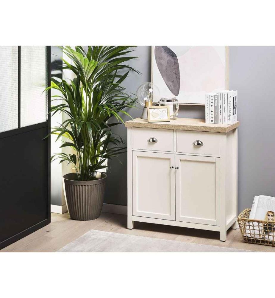 Petite Commode de Type Buffet avec Plateau Imitation Bois Clair 2 Portes et 2 Tiroirs Beiges avec Poignées en Zinc Coquille Syle Vintage