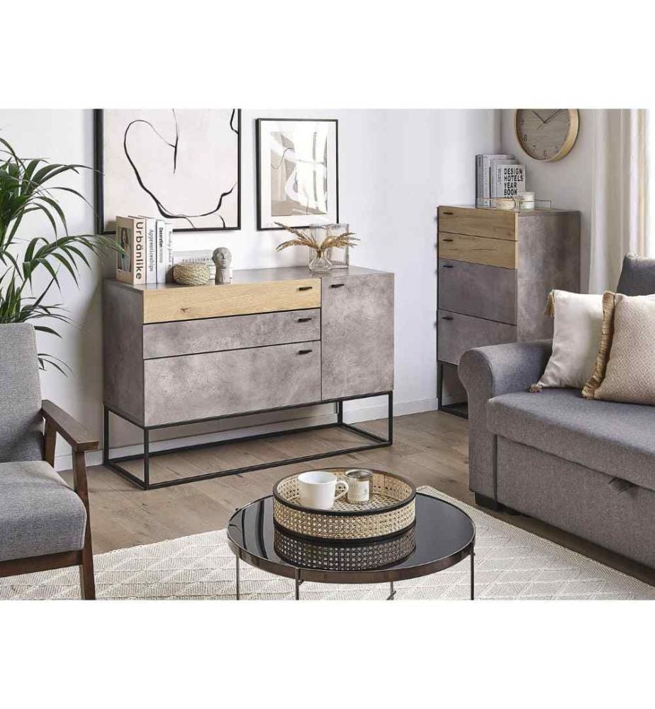 Commode Buffet Effet Béton avec Compartiment à Porte et 3 Tiroirs Meuble de Rangement Élégant pour Chambre ou Salon au Style Industriel