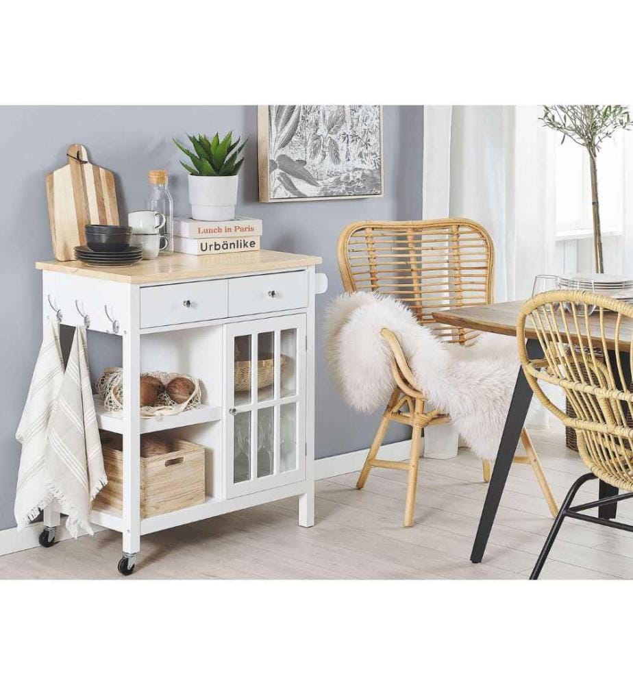 Desserte de Cuisine à Roulettes Blanche avec Plateau en Bois 2 Tiroirs et Compartiment à Porte pour Salle à Manger Scandinave et Rustique