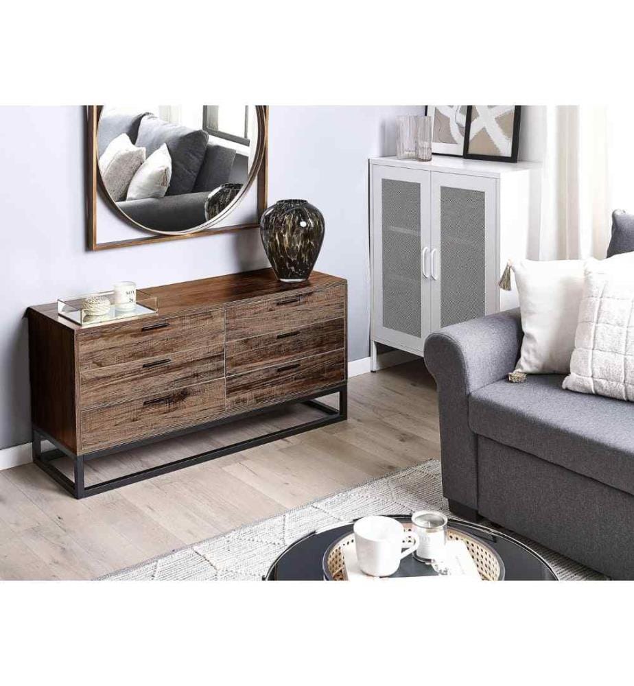 Commode Basse Noire et Bois Foncé avec 6 Tiroirs Solution Rangement Idéale pour Salon ou Chambre au Style Rustique et Industriel