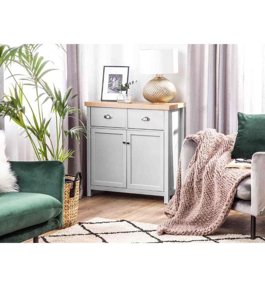 Petite Commode de Type Buffet avec Plateau Imitation Bois Clair 2 Portes et 2 Tiroirs Gris Style Vintage Clio