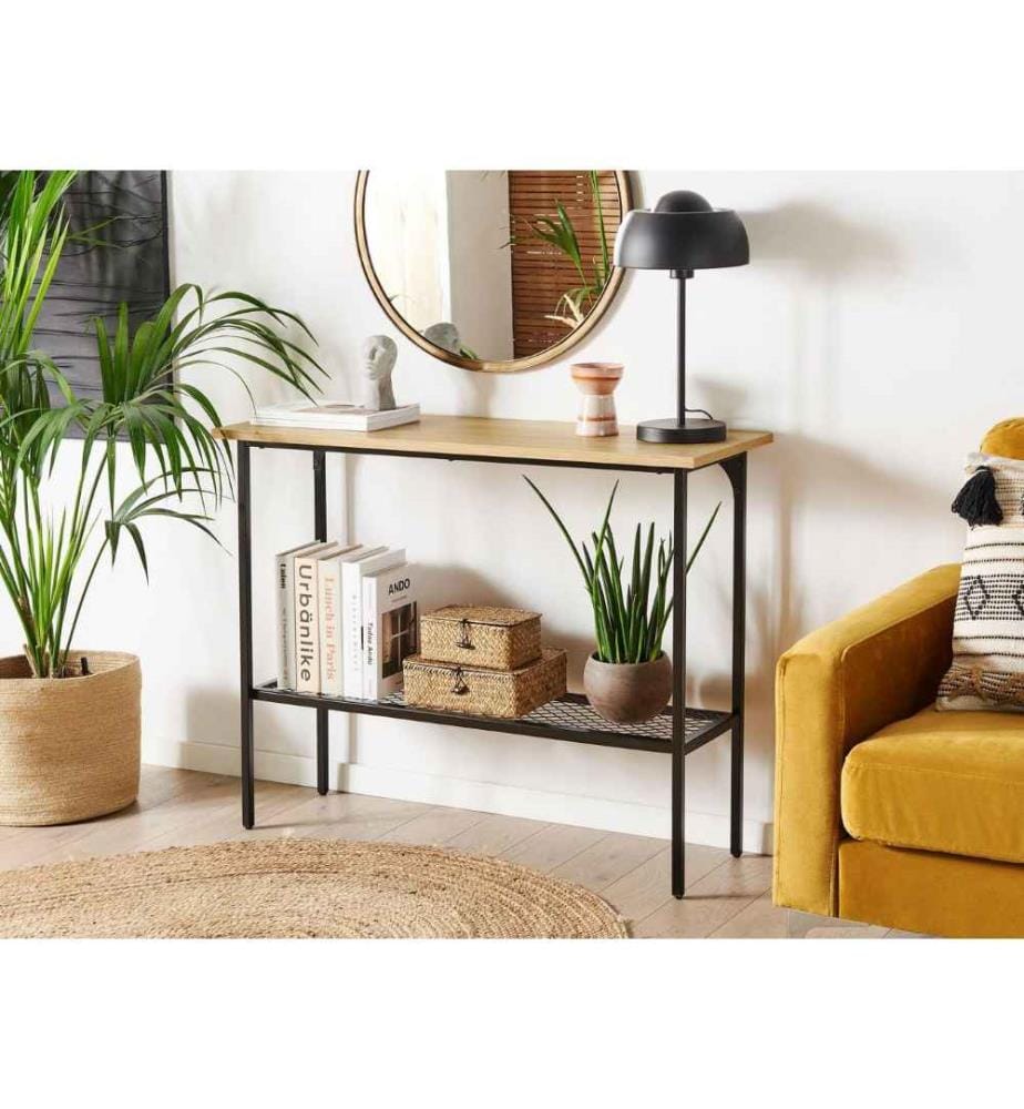 Table Console Bois Clair et Noir MDF Pieds en Métal 100 x 35 cm Scandinave ötagère Supplémentaire Hall d'entrée