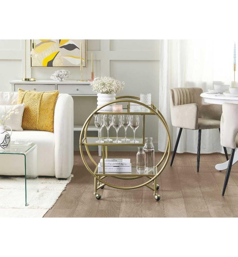Chariot de Cuisine Doré en Verre Transparent et Métal 50 x 34 cm sur Roues à Trois Etagères pour Salle à Manger