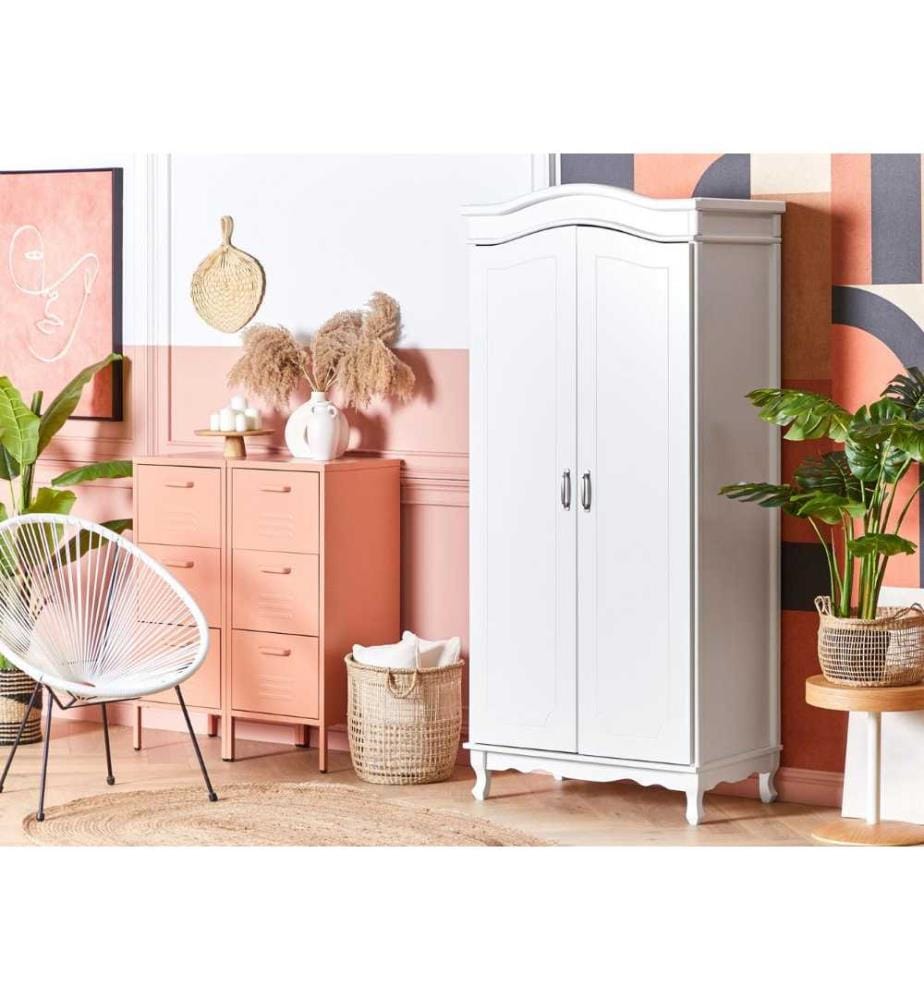 Armoire Blanche en MDF Bois de Pin 87 x 50 x 187 cm Pieds en Bois Solide Style Rétro Portes à Charnières et Tringle 2 Etagères pour Chambre