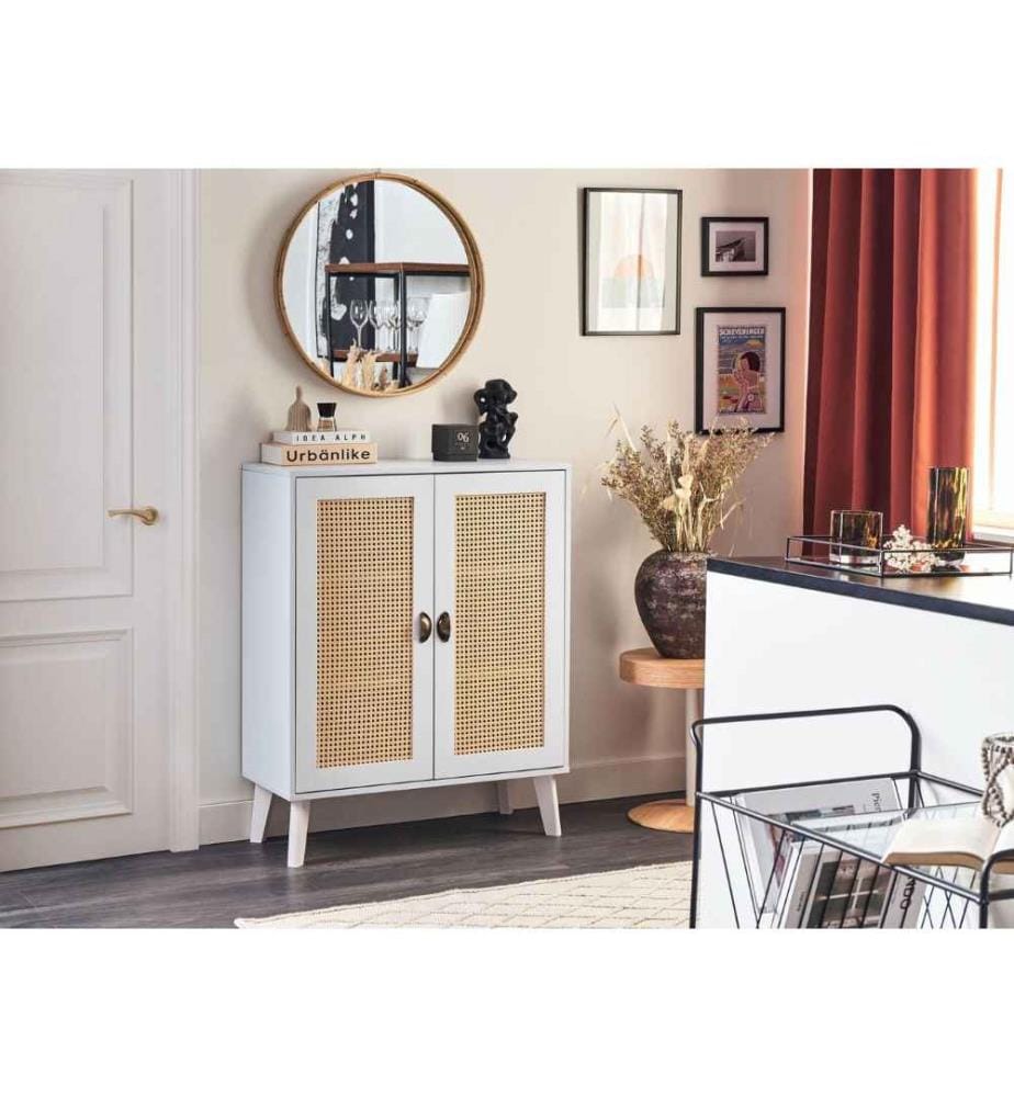 Buffet 2 portes et 3 Étagères MDF Blanc et Beige avec Façade en Polyrotin Commode Rangement Style Vintage Rétro