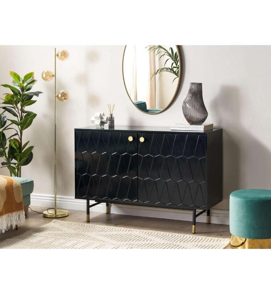 Commode Noire en MDF et Métal 82 x 120 x 40 cm Rangement Design Moderne et Minimaliste pour Salon à 2 Portes 4 Compartiments