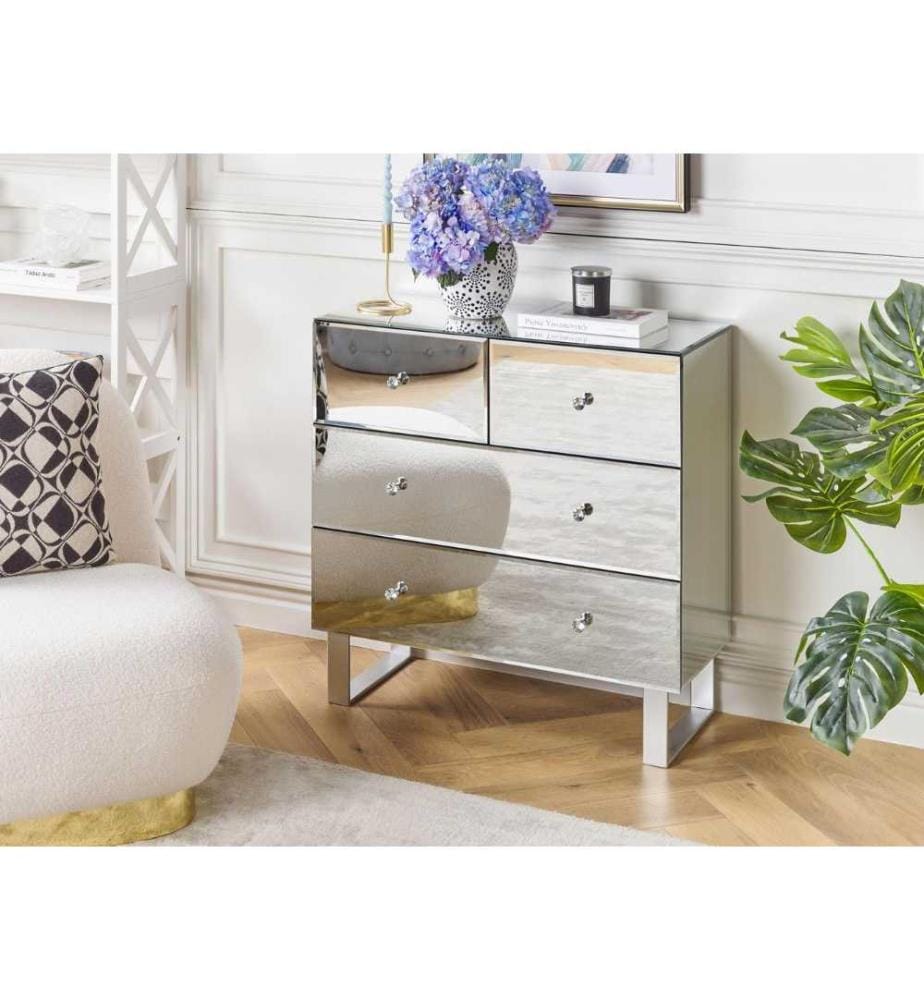 Commode Argentée en Verre MDF Métal et Plexiglas 80 x 80 x 35 cm Finition Miroir à 4 Tiroirs Construction Durable et Stable Style Elégant