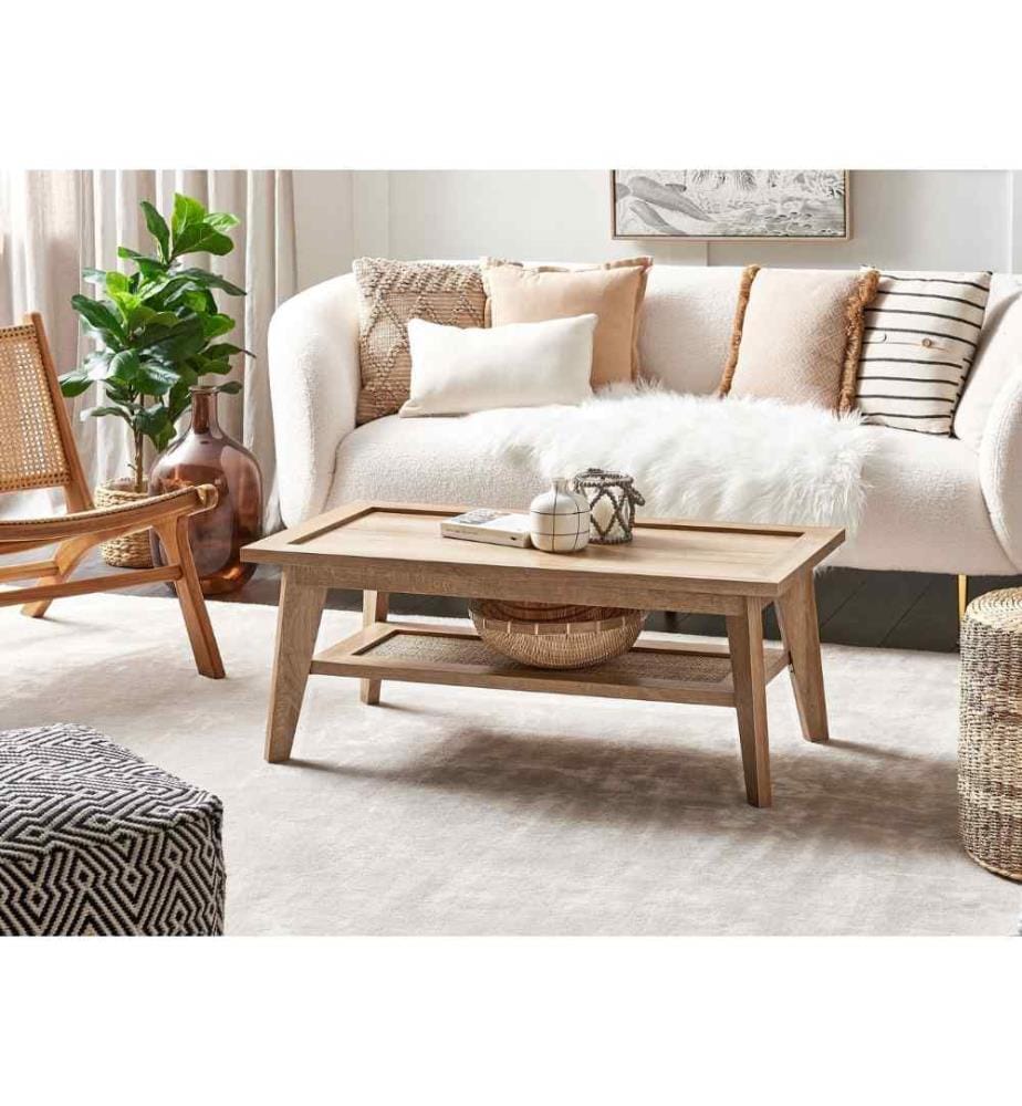 Table Basse Légère en Bois d'Ingénierie et Rotin 40 x 50 x 100 cm Rustique avec Étagère pour Salon