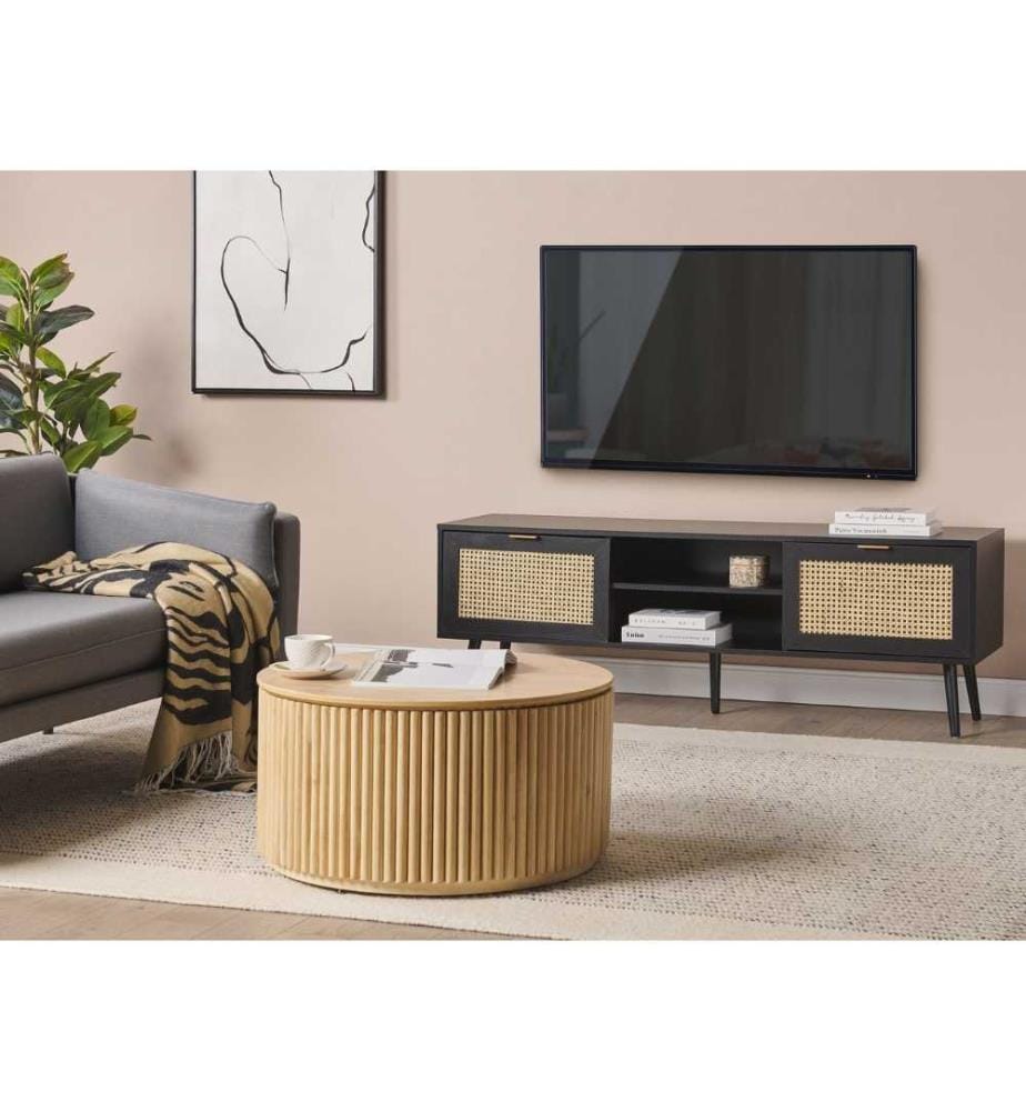 Armoire TV Noir / Beige Rotin 2 portes 150 x 40 x 52 cm Design moderne Tressage viennois Tressage de rotin pour le salon Chambre à coucher