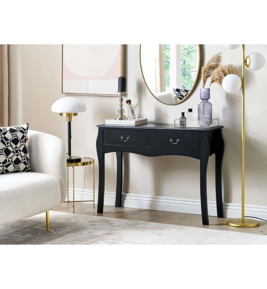 Table Console Noire en Bois et MDF Coiffeuse avec 2 Tiroirs de Style Traditionnel pour Intérieur Classique ou Vintage