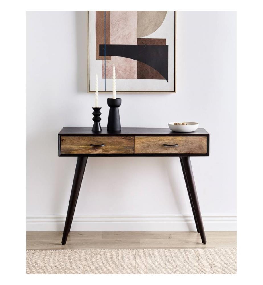 Console en Bois de Manguier et MDF Noir Laqué 75 x 100 x 35 cm à 2 Tiroirs et Capuchons Pieds Pièce Unique Parfaite pour Intérieur Industriel