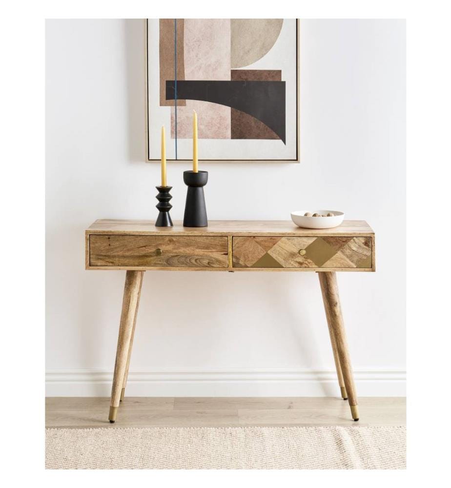 Console en Bois de Manguier et MDF Clair Laqué 75 x 110 x 35 cm à 2 Tiroirs et Capuchons Pieds Pièce Unique Intérieur Industriel Style Chic