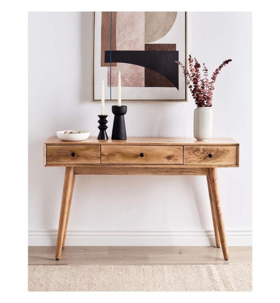 Console en Bois de Manguier et MDF Clair Laqué 75 x 120 x 35 cm à 3 Tiroirs et Capuchons Pieds Pièce Unique Intérieur Industriel Style Chic