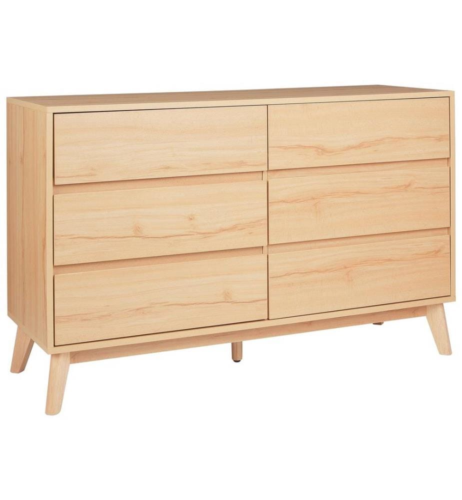 Commode Bois Clair en Panneau de Particules avec 6 Tiroirs Pieds en Pin Rangement Chambre Salon Design Moderne
