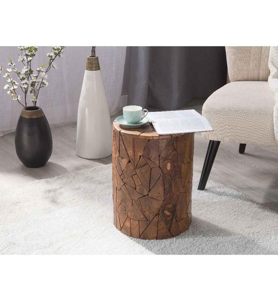 Table d'Appoint Chevet ou Tabouret Cylindrique en Bois de Teck Massif Solution Déco pou Chambre ou Salon au Style Rustique et Boho