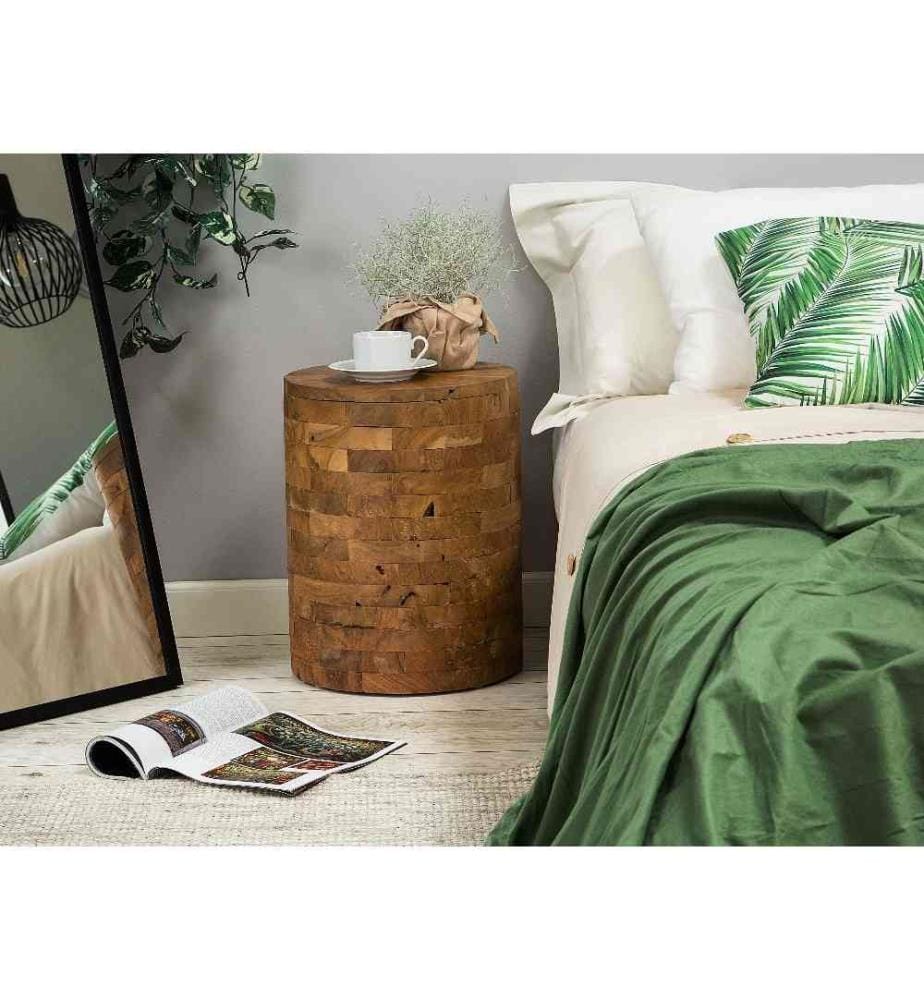 Table d'Appoint ou Chevet Cylindrique en Bois de Teck Ultra Durable Solution Déco pou Chambre ou Salon au Style Rustique et Boho