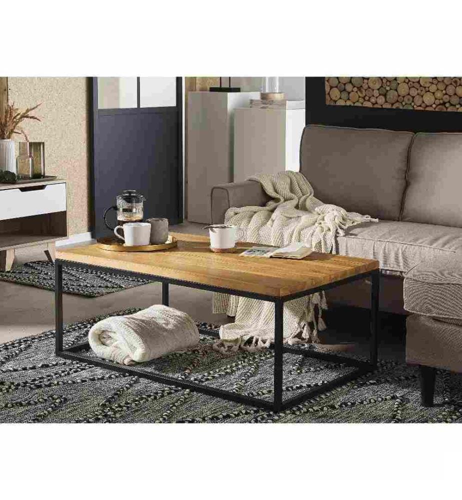 Table Basse Rectangulaire 100 x 60 cm avec Plateau en Bois de Teck Naturel et Pieds en Métal Noir pour Salon au Style Moderne et Boho