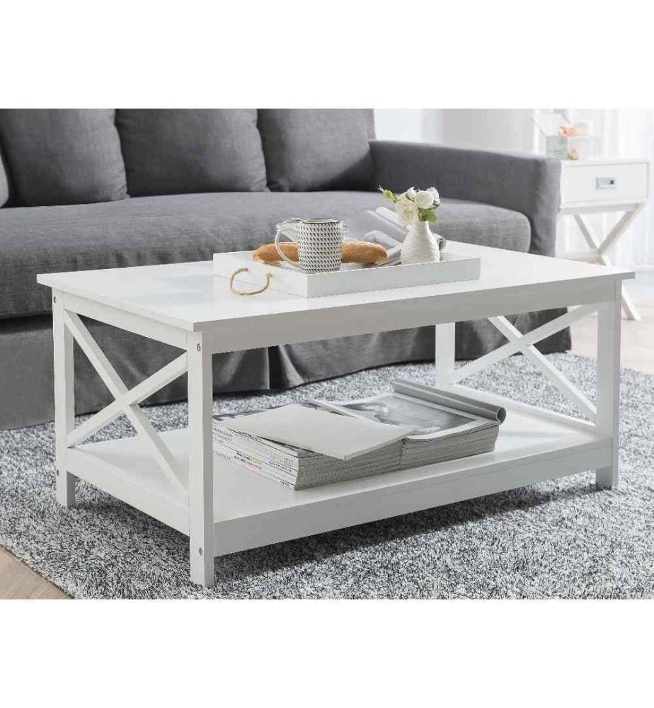 Table Basse Rectangulaire 100 x 55 cm en MDF Blanc avec Plateau de Rangement pour Salon de Style Traditionnel, Moderne ou Scandinave