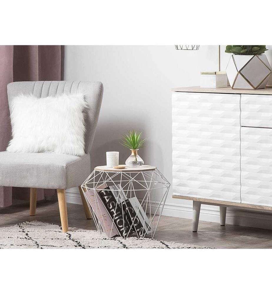 Table Basse d'Appoint 43 cm avec Plateau en Bois Clair et Structure en Métal Blanc de Style Contemporain et Minimaliste pour Salon Scandinave