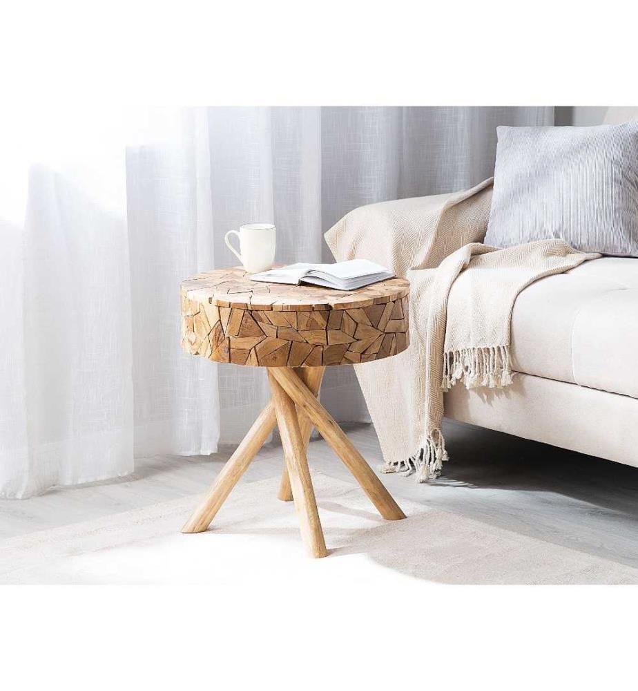 Table Basse d'Appoint Ronde en Bois de Teck Marron Clair Design Classique Tendance pour Salon ou Chambre au Style Campagne ou Boho Bohème