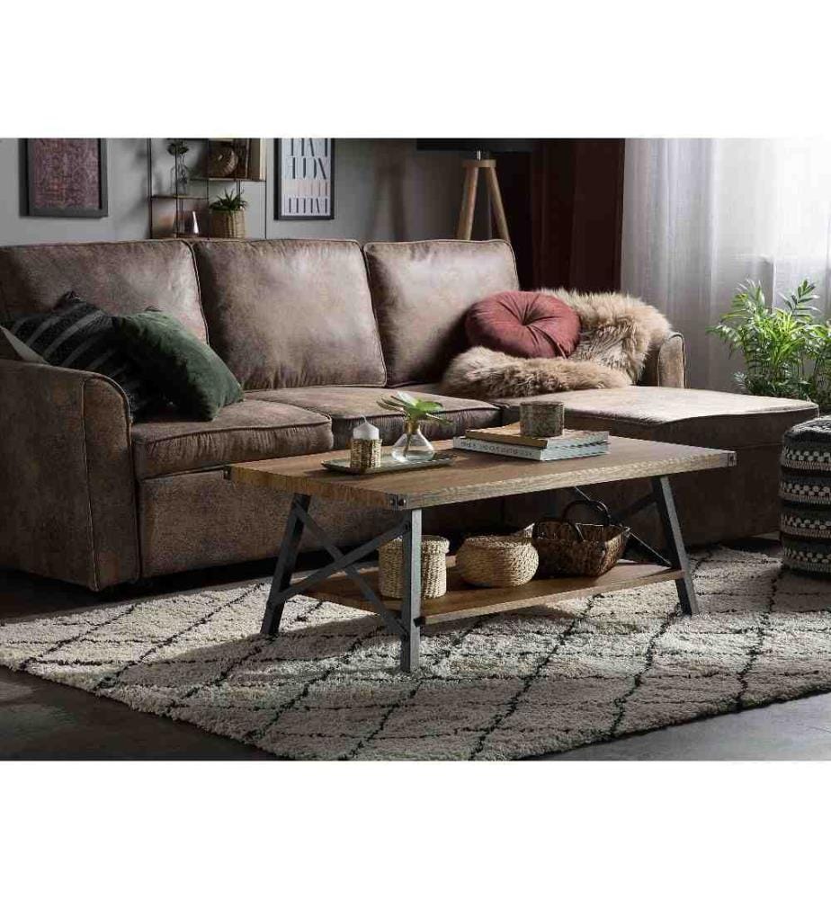 Table Basse Rectangulaire 100 x 55 cm avec Plateaux Taupe et Bois Foncé à 2 Niveaux de Rangement pour Salon Moderne et Minimaliste
