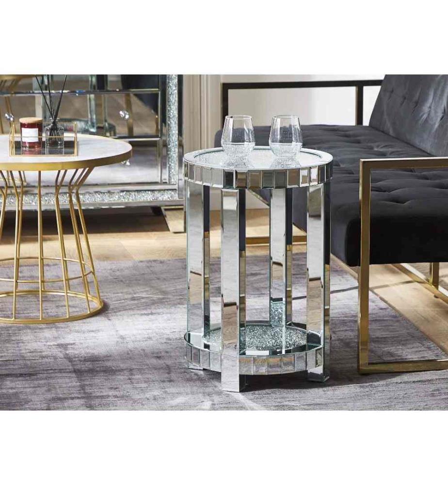 Table d'Appoint Bout de Canapé avec Miroir et Plateau Effet Diamants Broyés Meuble Ultra Élégant pour Chambre ou Salon au Style Glamour