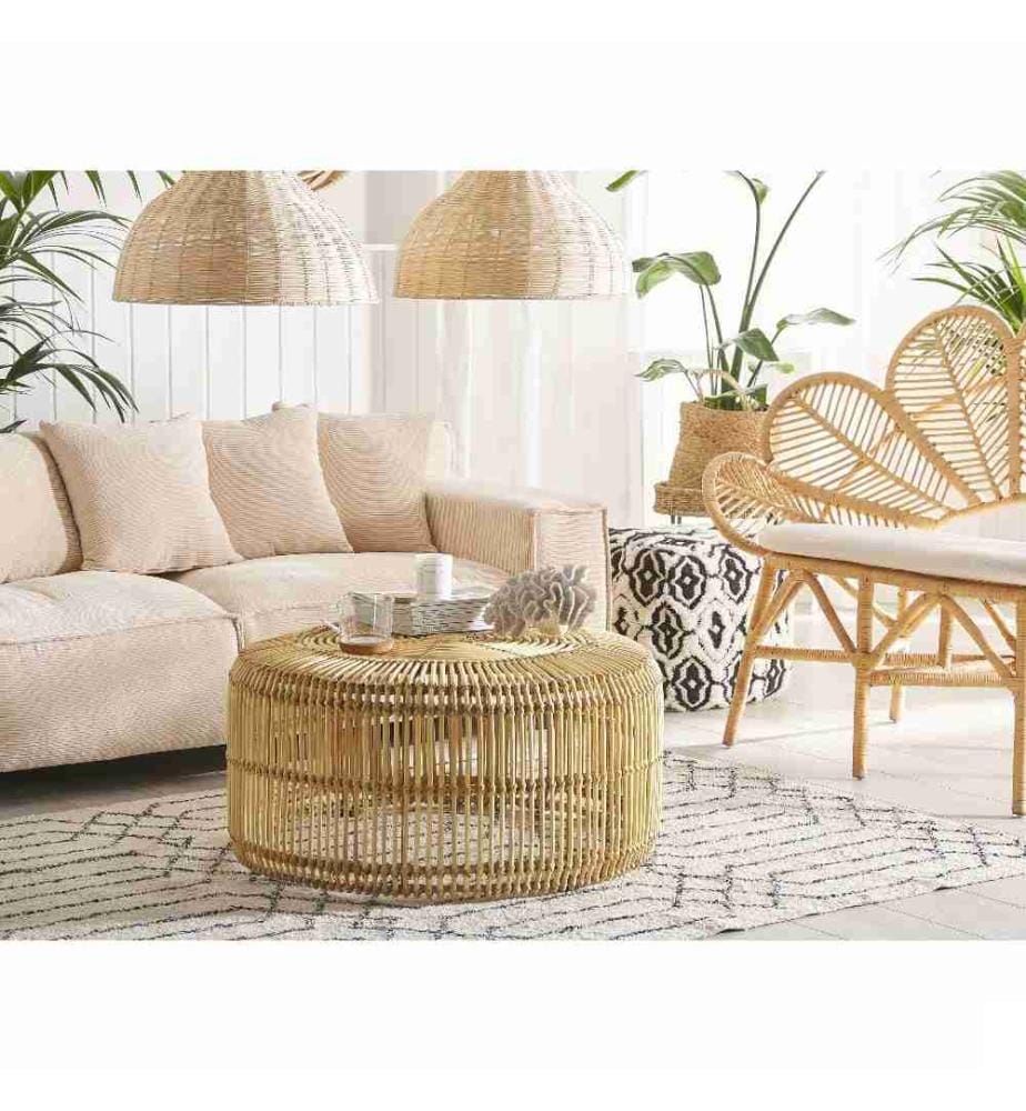 Table Basse Design Ronde en Rotin Naturel 53 cm Idéale pour Salon au Style Boho et Rustique Intérieur et Extérieur