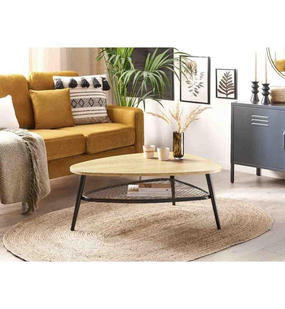 Table Basse en bois clair et pieds métal noir 90 x 68 cm Scandinave avec étagère supplémentaire