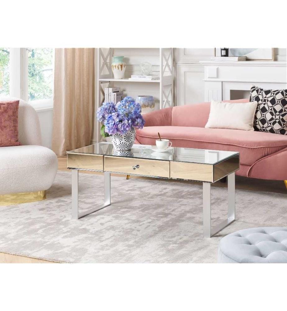 Table Basse Argentée en Verre Miroir MDF Métal et Plexiglas avec 1 Tiroir Finition Brillante Idéale pour Chambre au Style Glamour et Moderne