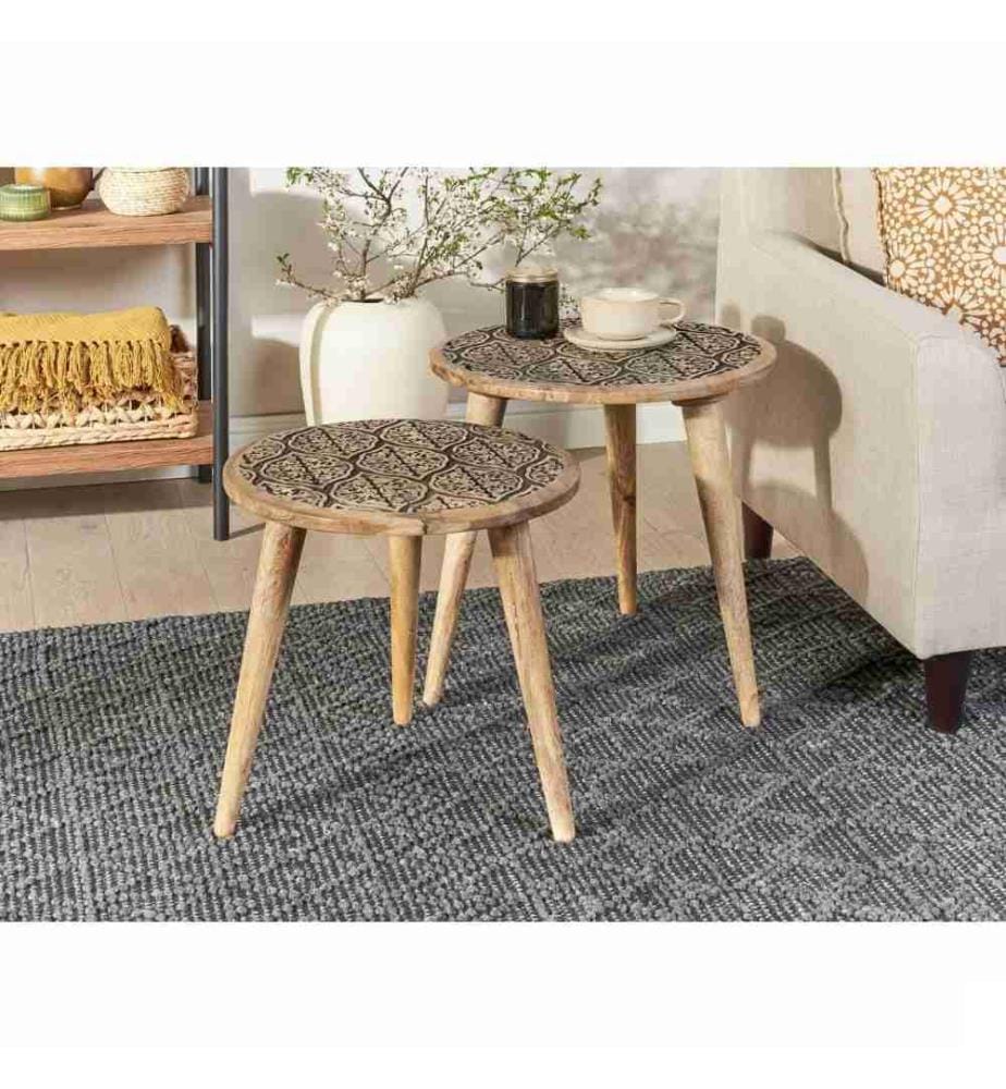 Tables d'Appoint Claires en Bois de Manguier à Plateau Sculpté Bout de Canapé sur Trépied Tables d'Accent Lot de 2