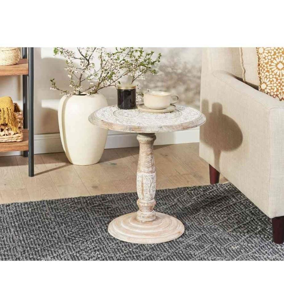 Table d'Appoint Blanc Cassé en Bois de Manguier 43 x 45 cm à Plateau Sculpté Guéridon de Design Oriental et Ancien