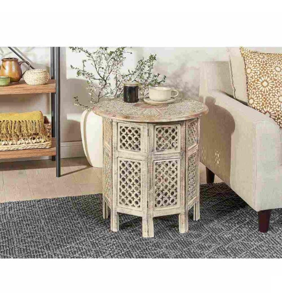 Table d'Appoint Claire en Bois de Manguier 53 x 53 cm à Plateau et Base Ajourée Bout de Canapé de Design Oriental et Ancien