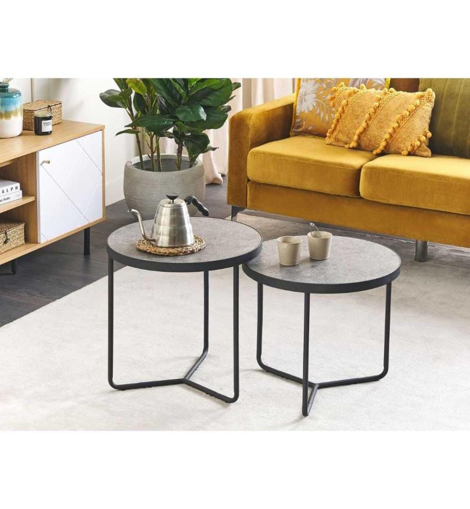 Lot de 2 Petites Tables Basses Salon Effet Béton avec Pieds en Métal Noir Rondes Différentes Tailles Mobilier de Salon Multifonctionnel