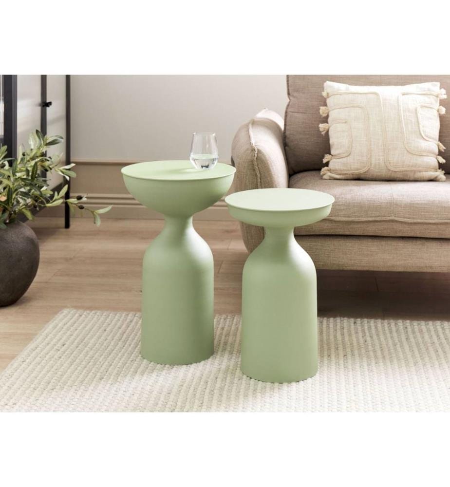 Lot de 2 tables basses modernes en fer mat thermolaqué vert forme ovale salon chambre à coucher moderne