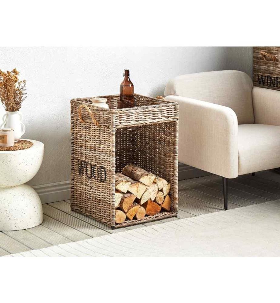 Table d'Appoint en Rotin Clair Métal et Corde en Papier Bout de Canapé avec Rangement Ouvert Inférieur Finition Plaquée Huilée Fait Main