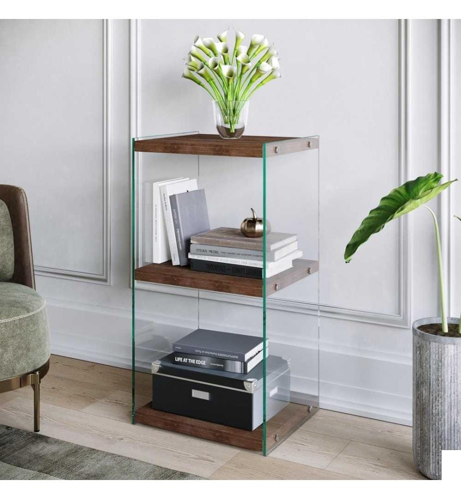 Bibliothèque, noyer, pin massif, cadre en verre trempé