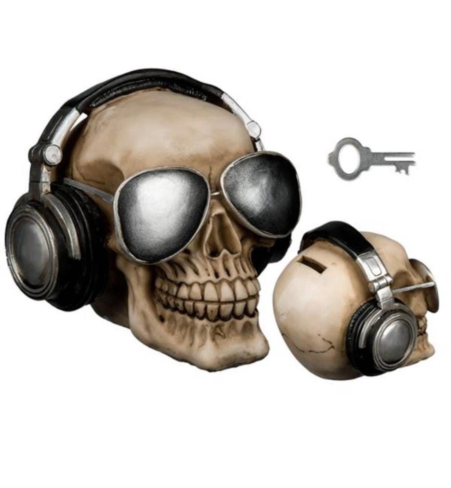 Tirelire Skull avec écouteurs, avec serrure, 16 x 13cm
