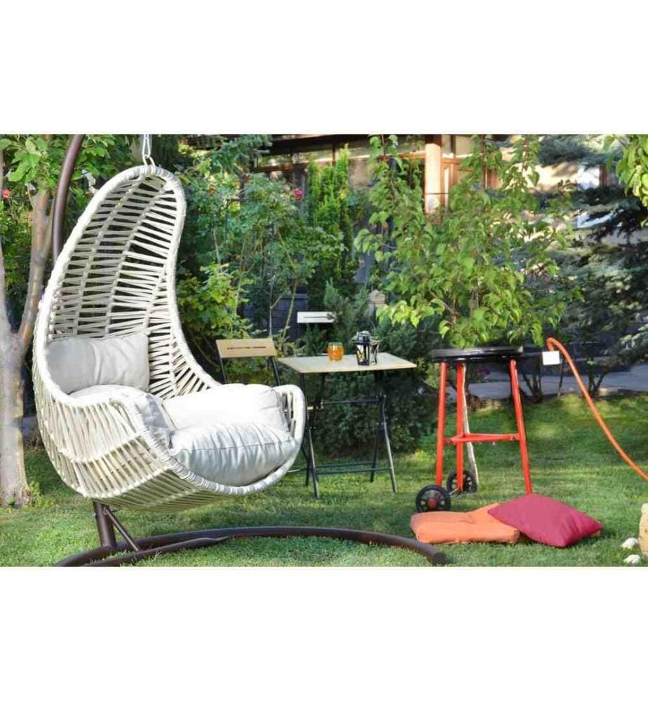 Chaise balançoire simple de jardin, crème, métal, nouage macramé