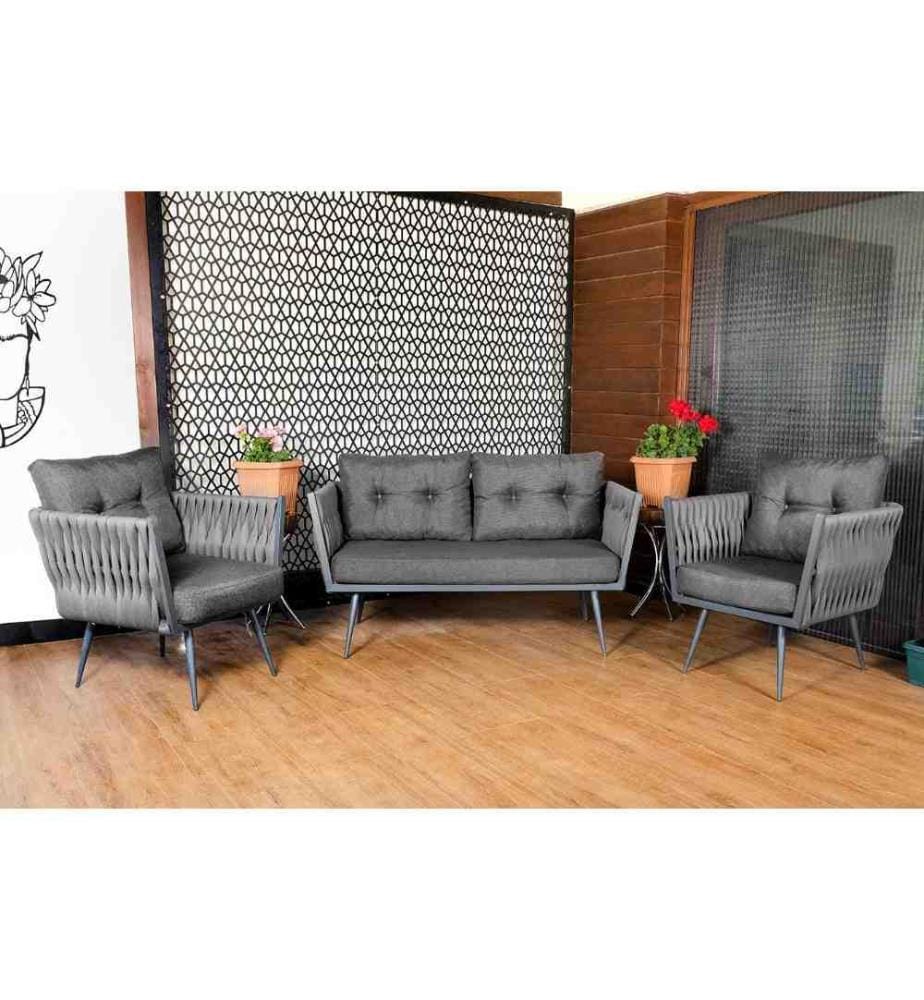 Salon de jardin, gris, cadre en métal, mousse éponge pour s'asseoir