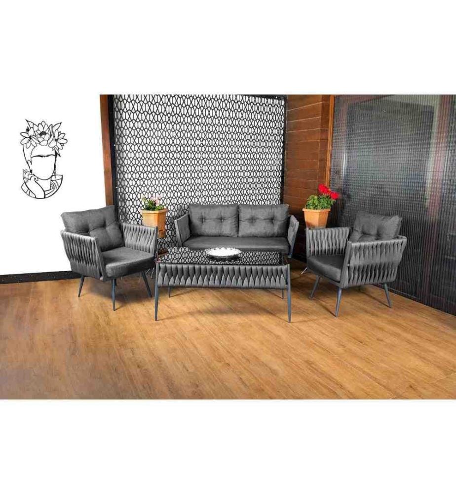Salon de jardin, gris, cadre en métal, mousse éponge pour s'asseoir