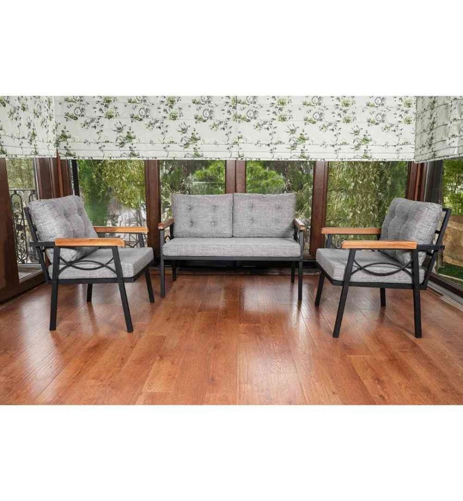 Salon de jardin, noir, gris, cadre en métal, mousse éponge pour s'asseoir