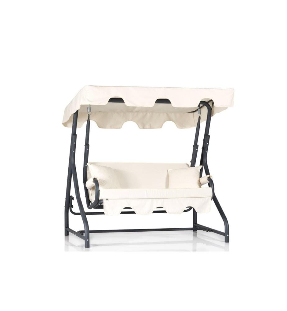 Garden Double Swing Chair, Cream, Black, Metal Frame, Polyester Fabric