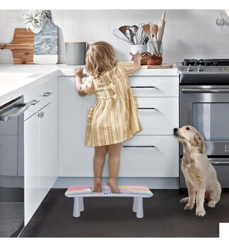 Tabouret marchepied pour enfant, Multicolore, MDF, pieds en hêtre