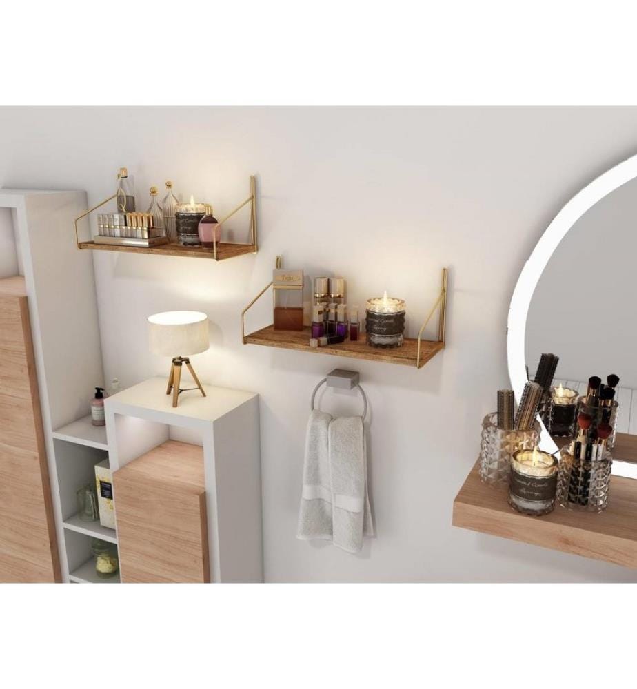 Etagère murale, Gold Brown, bois massif, supports en métal