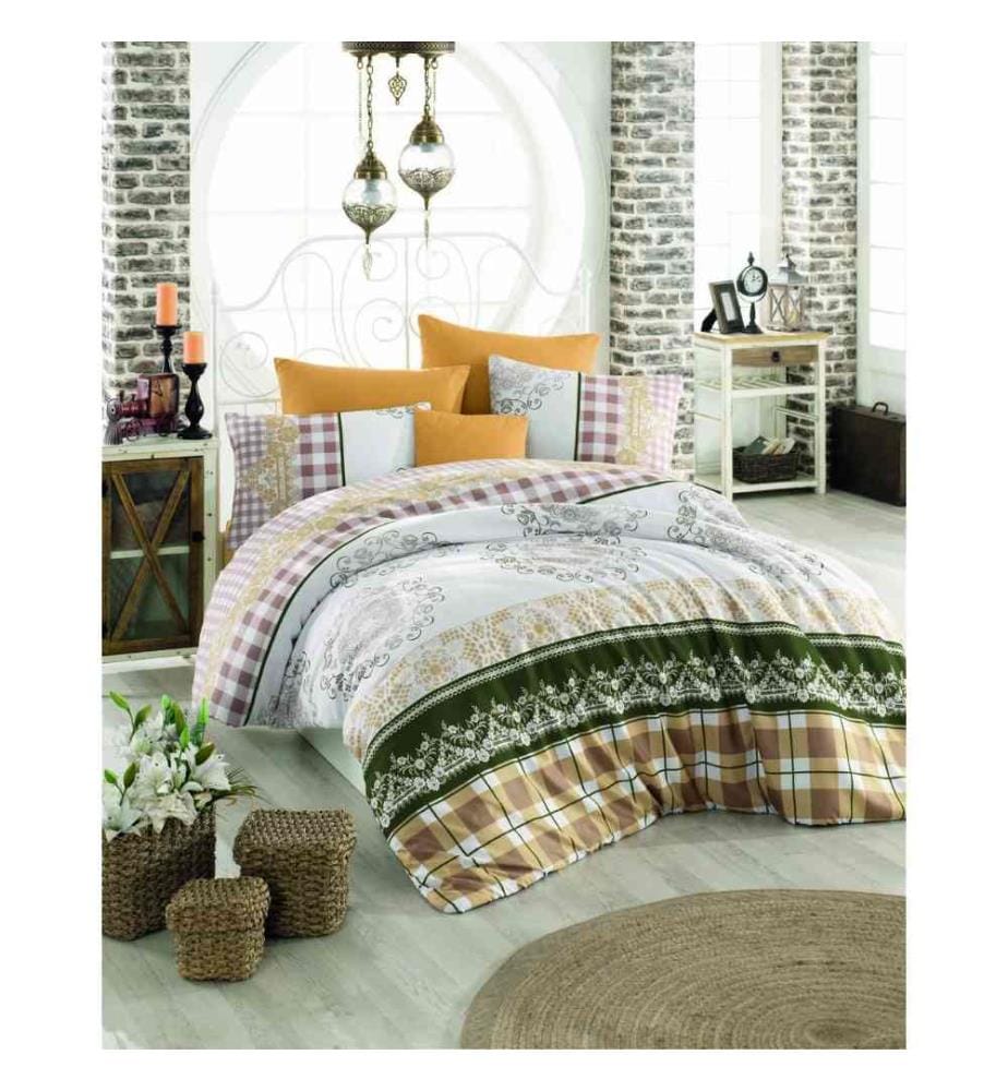 Ranforce Single Quilt Cover Set, Brown White Green, Cotton Ranforce